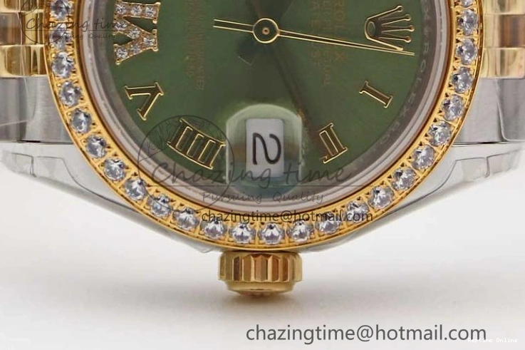 1219 Bright Lady DateJust 28 SS YG TWF Diamonds Bezel 1:1 Best Edition Green Dial Roman Markers on Jubilee Bracelet NH 2135